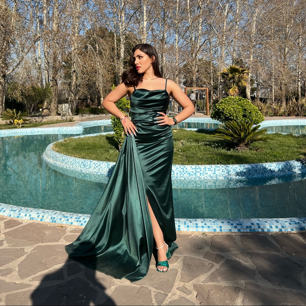 Emerald green satin dress